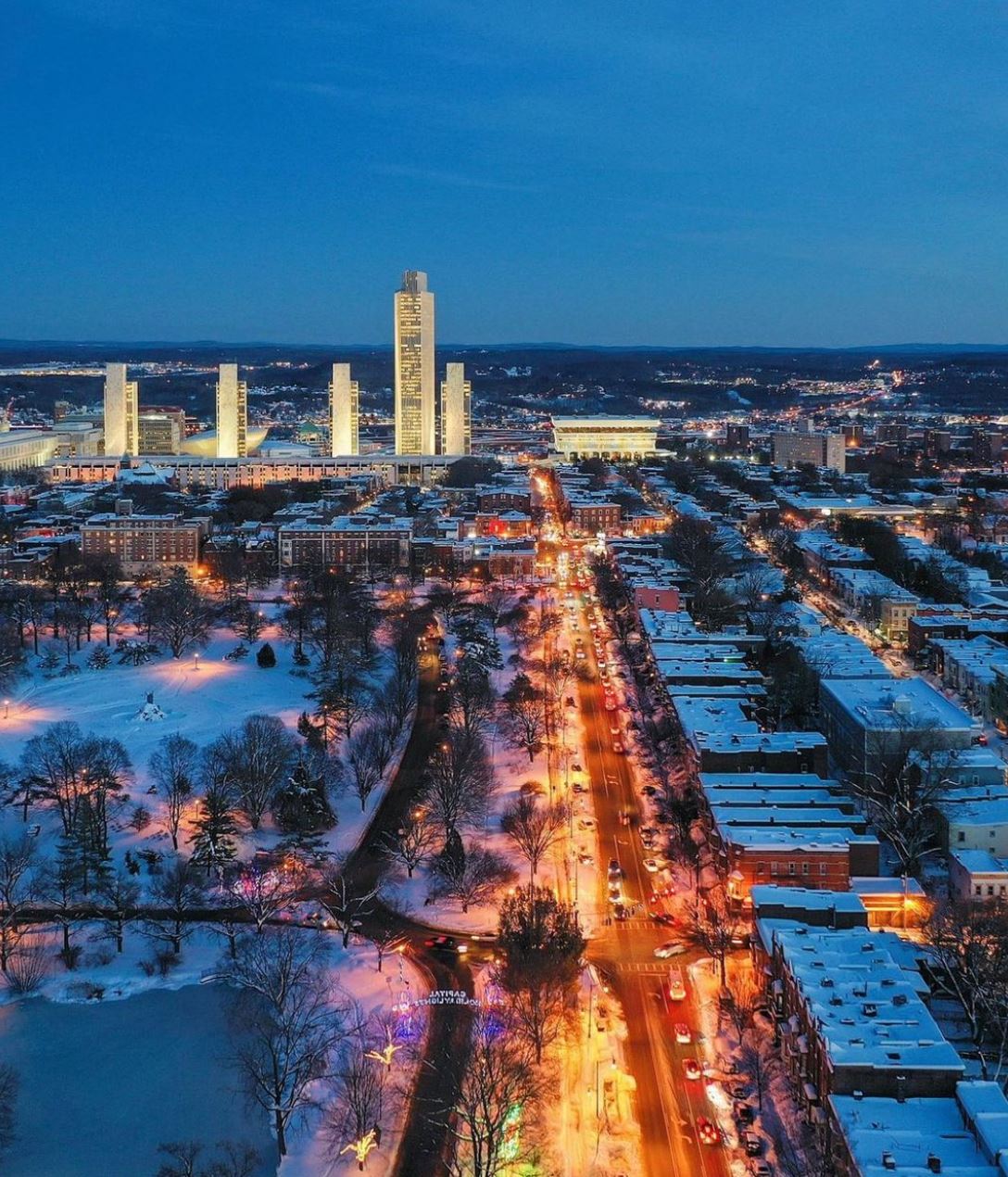 Skyline of Albany, NY and Washington Park in Winter