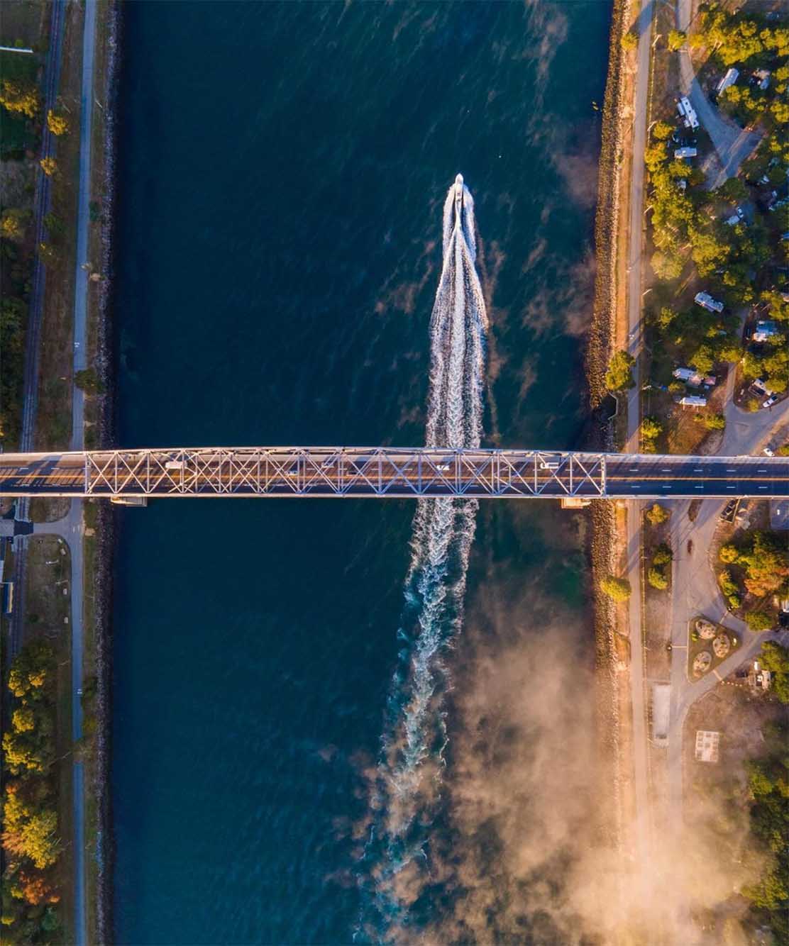 Aerial view of the Bourne Bridge in Bourne, MA