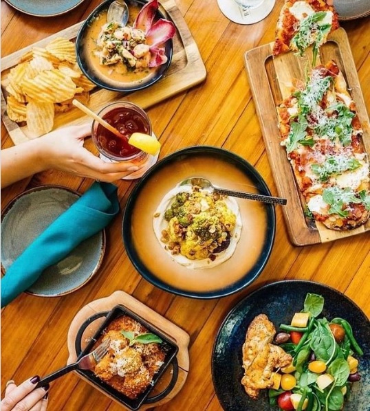 Above view of a table and people sharing plates of food