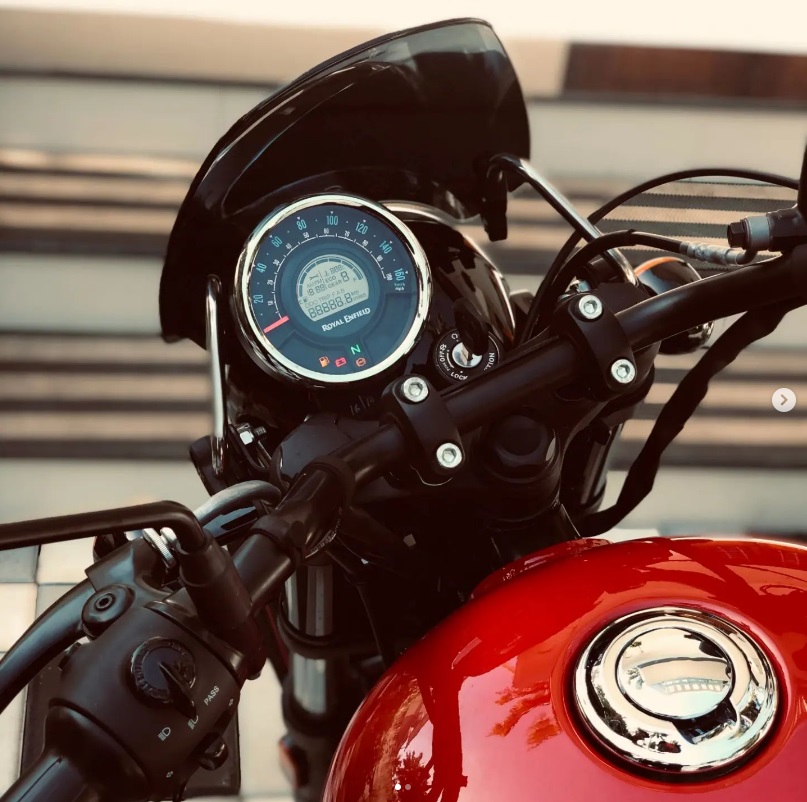 Closeup of a motorcycle dashboard while it's on