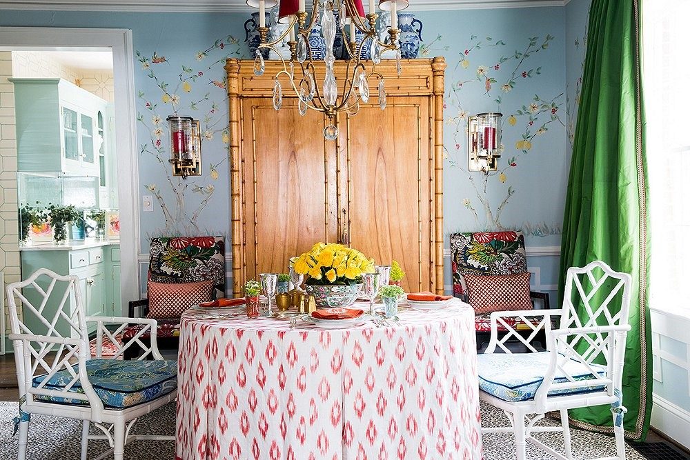 Dining room with bamboo hutch and chippendale chairs