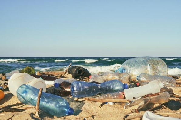 Several plastic bottles washed up on a beach with the ocean in the backdrop.