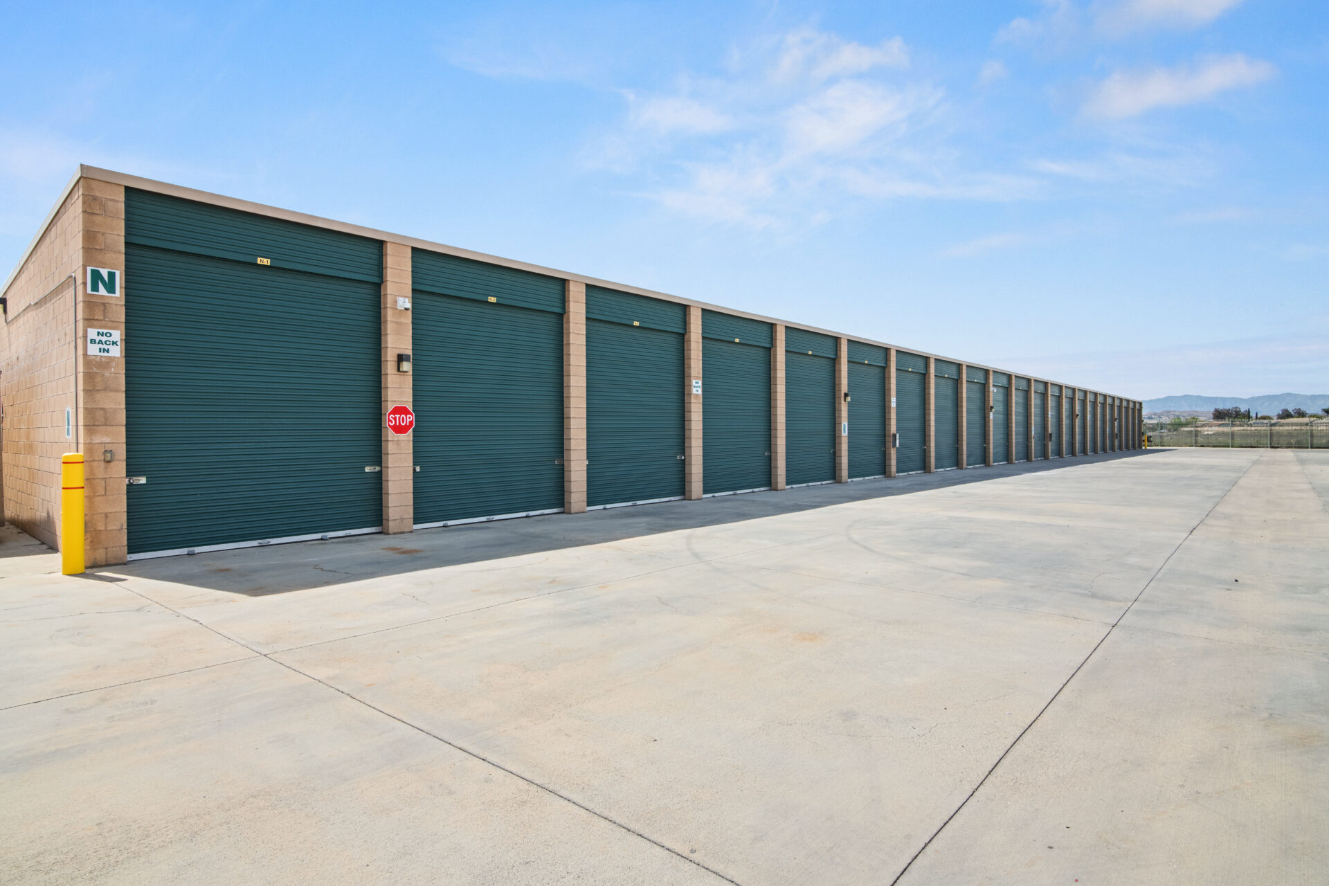 Row of drive-up self storage units