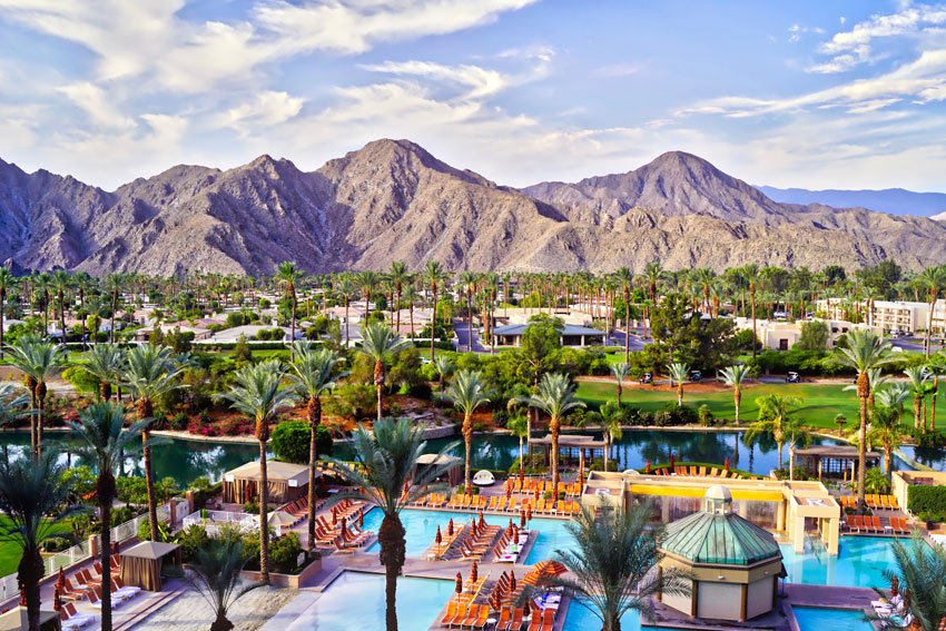 Beautiful resort in Palm Springs, CA, against a mountain backdrop
