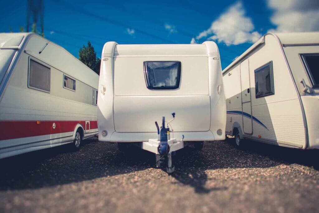 Travel trailers parked in a row